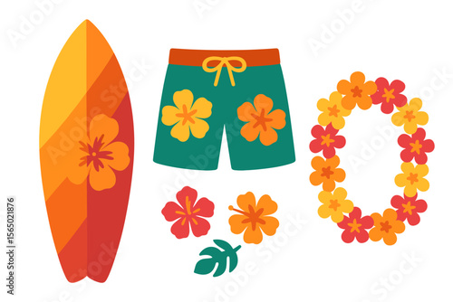 Tropical beach essentials vector illustration for summer, featuring surfboard, floral shorts, and lei for design and decoration