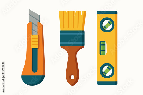 Handyman tools vector illustration: knife, brush, and level for home improvement and design