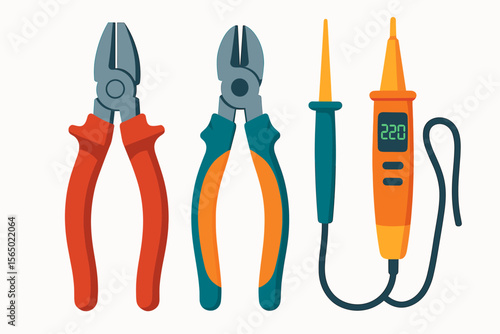 Tool set for electrical work vector illustration — pliers and multimeter probe for repair and maintenance