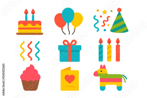 Colorful neon birthday celebration vector illustration with party elements
