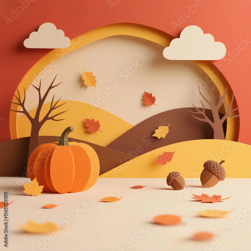 Autumn Season Paper Cut Background – Warm Layered Fall Scene for Seasonal Design