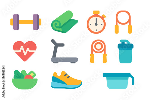 Fitness and health vector illustration: flat design with workout equipment icons for exercise and nutrition concepts
