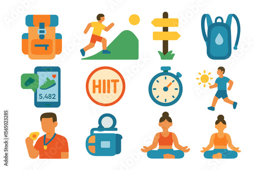 Fitness lifestyle vector illustration: hiit, meditation, running, and hiking in flat design