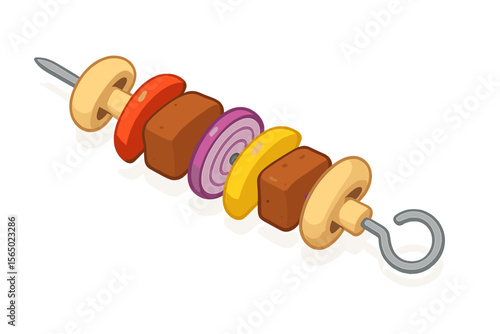 Cartoon style vector illustration of skewer with grilled vegetables and meat for bbq party design