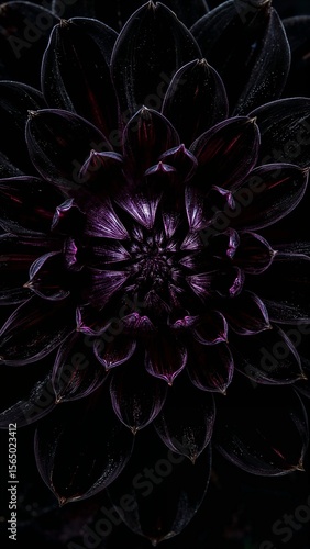 Close up of a dark purple dahlia flower with intricate petal arrangement and dramatic lighting style