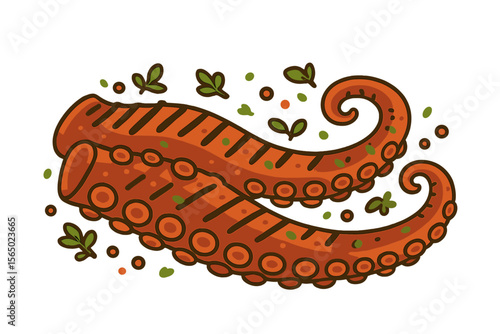Cartoon style fresh octopus tentacles vector illustration for seafood menu design