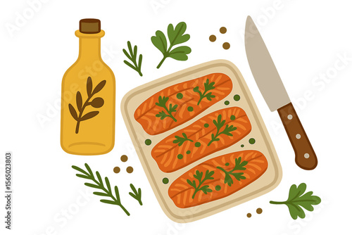 Delicious salmon with herbs vector illustration for culinary design projects