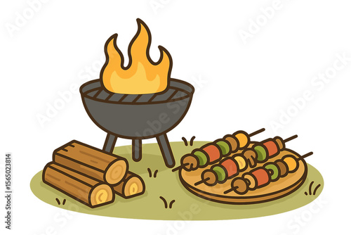 Outdoor barbecue party vector illustration with grill and skewers for summer events