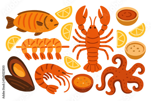 Seafood delights vector illustration with lemon and sauces in flat design for culinary posters