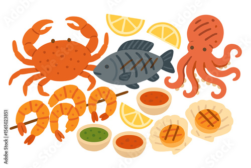 Seafood vector illustration featuring crab, fish, octopus, and grilled delicacies for culinary poster design