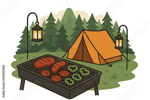 Outdoor camping adventure with tent and bbq grill vector illustration for nature lovers