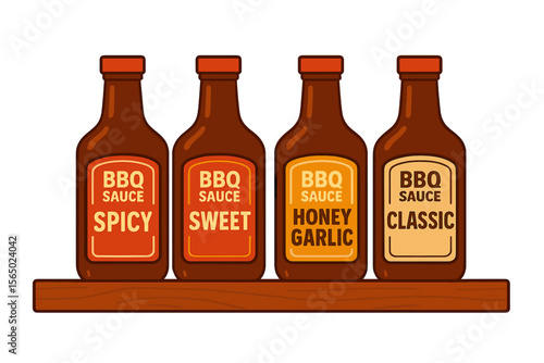 Variety of bbq sauces vector illustration on wooden shelf for cooking and design projects