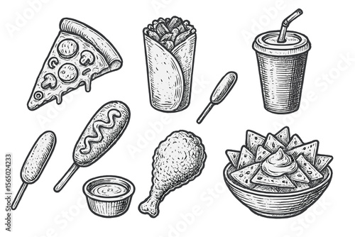 Delicious fast food vector illustration in hand drawn style for menu design