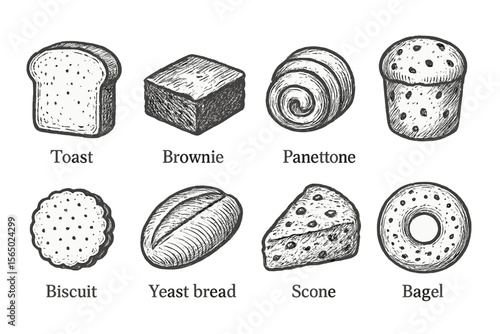 Hand drawn bakery goods vector illustration: toast, brownie, panettone, biscuit, yeast bread, scone, bagel for posters and cards