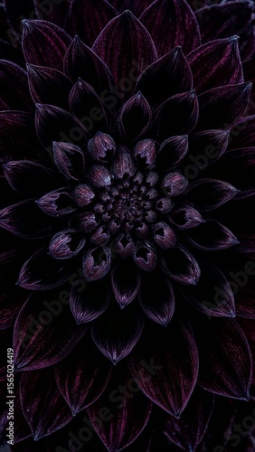 Close up of a dark purple dahlia flower with intricate petal patterns in a spiral arrangement