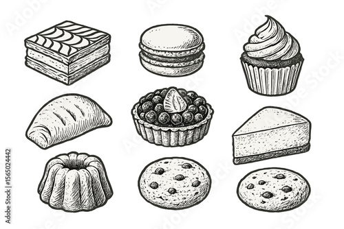 Hand drawn dessert vector illustration featuring cakes, macarons, and pastries for cafe menu or confectionery design