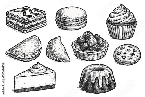 Hand drawn pastry and dessert vector illustration for culinary design projects