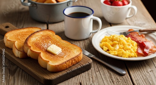 A delicious breakfast with a bred , a cup of tea on the wooden table 