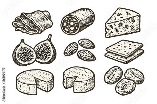 Hand drawn deli platter vector illustration featuring cheese, salami, figs, almonds, and crackers for culinary design