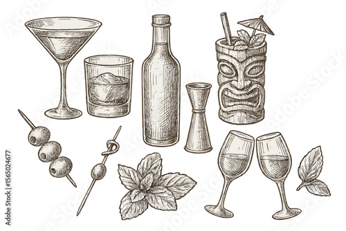 Hand drawn cocktail and barware vector illustration for beverage and bar design