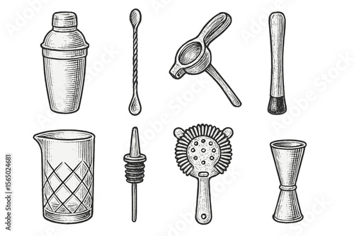 Vintage bar tools vector illustration for cocktail enthusiasts in chalkboard style