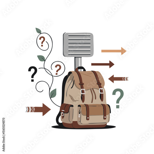 Backpack Against Terminal Post with Question Vines, Flat Lost Item Icon