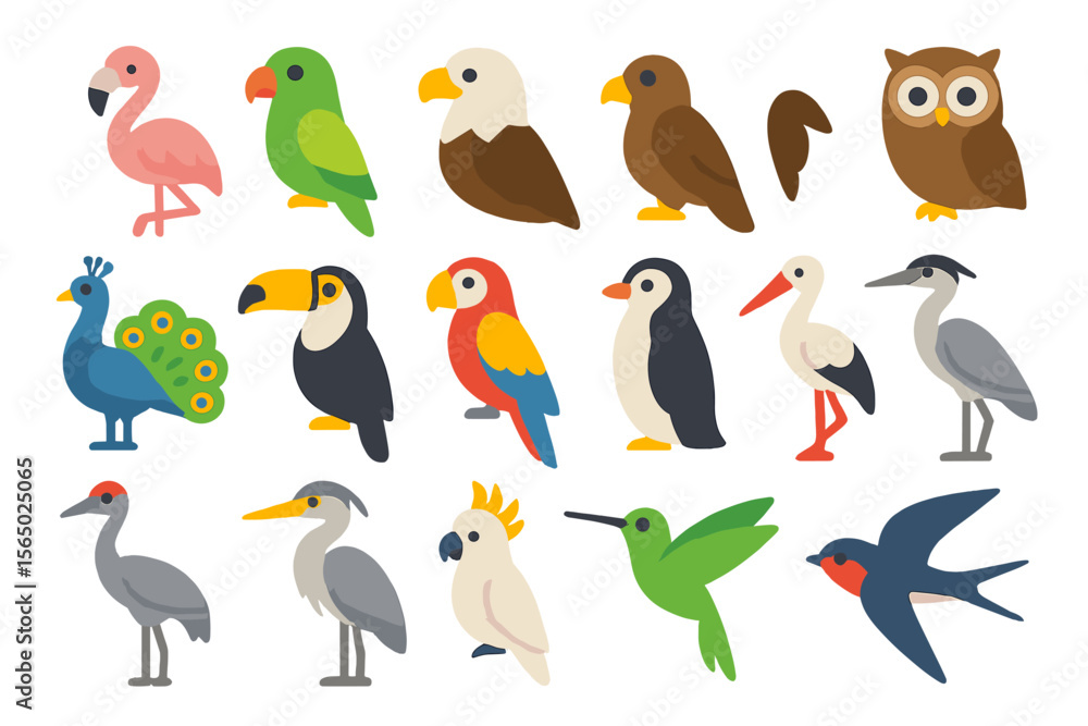 Naklejka premium Colorful birds collection: flat design vector illustration for nature and wildlife themes