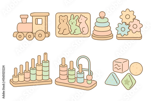 Cute pastel baby toys vector illustration for nursery decor and kids design in flat style