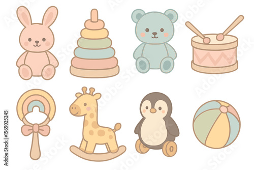 Pastel baby toys vector illustration – cute animal and plaything design for children's room decor