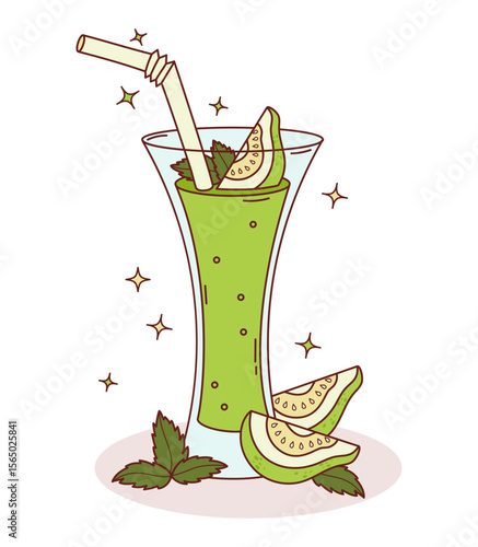 Green Guava Drink with tropical Fruit slices and Mint leaves. Summer Refreshing Cocktail with glass and straw. Vector Illustration. Not ai
