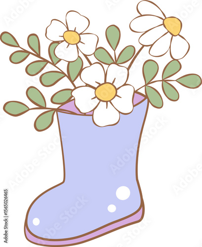 Flowers and green leaves naturally form from leafy branches in purple boots. Perfect for spring plant illustrations or summer floral designs.