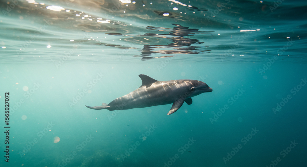 Fototapeta premium Two dolphins swimming gracefully underwater in clear blue ocean