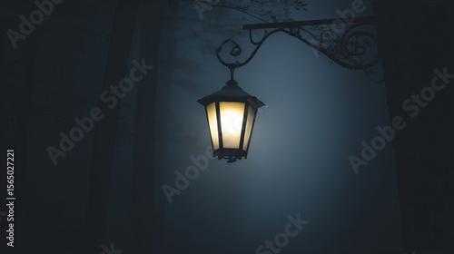 Vintage street lamp illuminated in a foggy forest at night, casting a warm glow amidst dark trees, creating a mysterious and enchanting atmosphere in nature