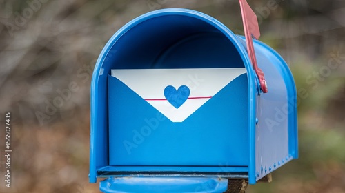Blue mailbox with an open lid reveals a white envelope featuring a heart design, symbolizing love and communication in a serene outdoor setting with blurred background