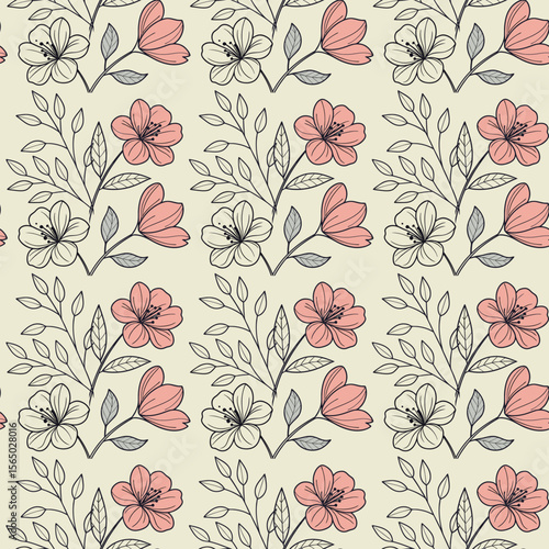 Seamless pattern of delicate pink and white flowers with thin black outlines and grey leaves on a cream background