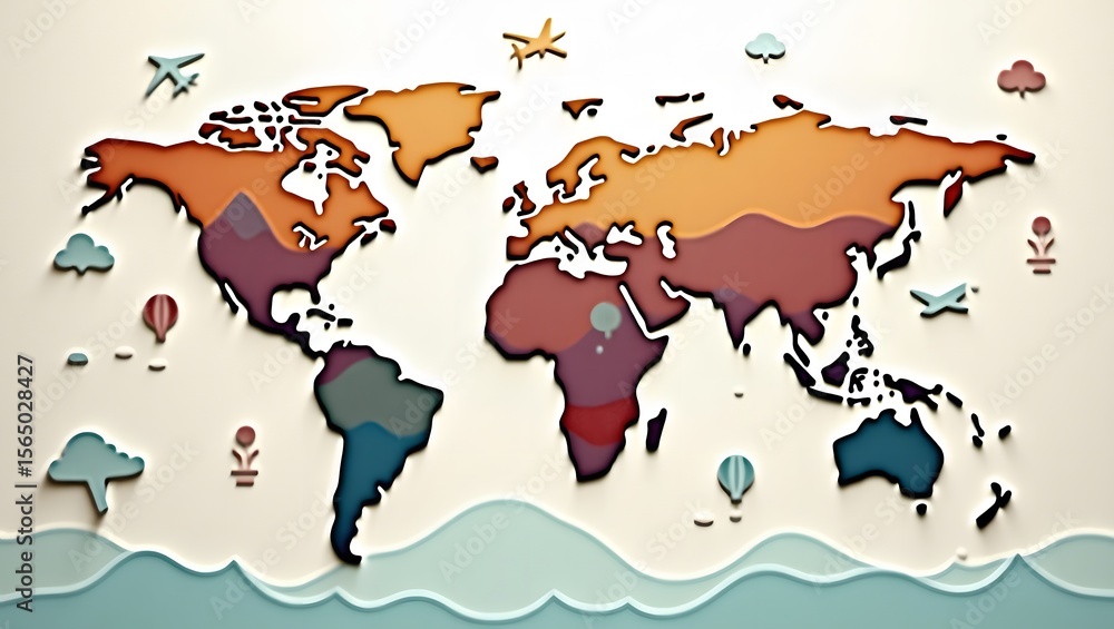 Obraz premium A creative world map made in cut-out paper style with colorful layered continents, surrounded by nature and travel icons on a pastel background.