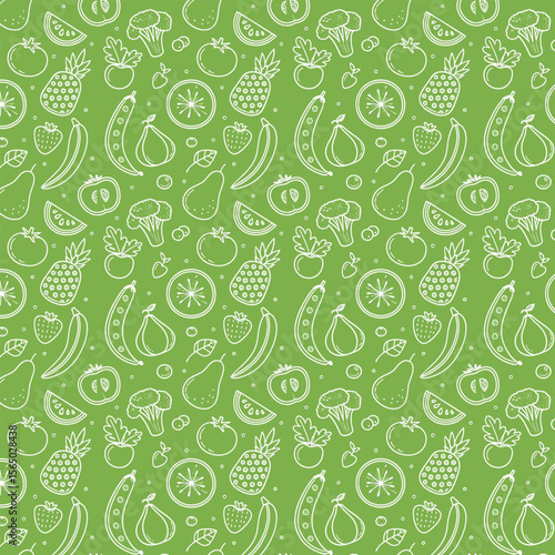 Seamless pattern of white outline fruits and vegetables on a green background