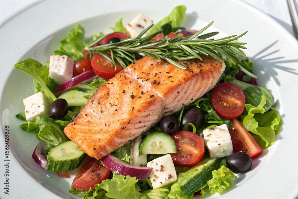 Delicious grilled salmon fillet served atop a fresh greek salad with feta cheese olives and rosemary isolated on white background Delicious grilled salmon fillet served atop a fresh greek salad with feta cheese olives and rosemary isolated on white background
