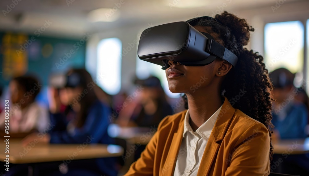 A student wearing a VR headset in a classroom, exploring immersive educational technology for enhanced learning. A student wearing a VR headset in a classroom, exploring immersive educational technology for enhanced learning.