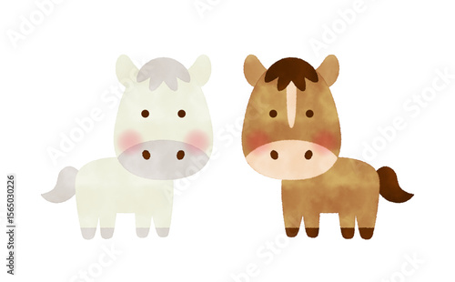 水彩風　ペアの馬が並んだ干支キャラクター（2026・午）