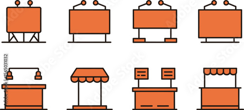 Illustration set showing different types of stalls booths and podiums in orange and black outline