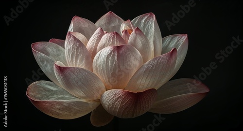 Close up of a lotus flower with light pink petals and dark pink tips on a black background
