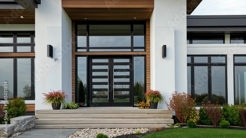 Wallpaper Mural This elegant home boasts large windows, sleek lines, and vibrant landscaping for a welcoming atmosphere Torontodigital.ca