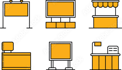 Illustration set featuring various types of stands and counters in yellow and black outline style
