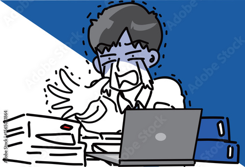 深夜残業の激務に泣き出す若いビジネスマンのベクターイラスト