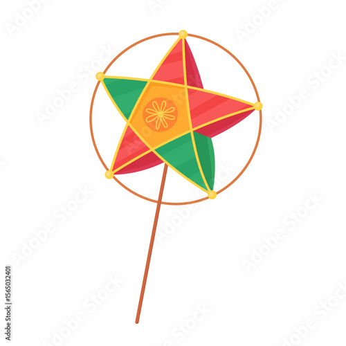 Traditional Vietnamese star lantern for the Mid-Autumn Festival. Red and green star shaped lantern. Vector simple illustration isolated on white background.