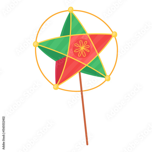 Traditional Vietnamese star lantern for the Mid-Autumn Festival. Red and green star shaped lantern. Vector simple illustration isolated on white background.