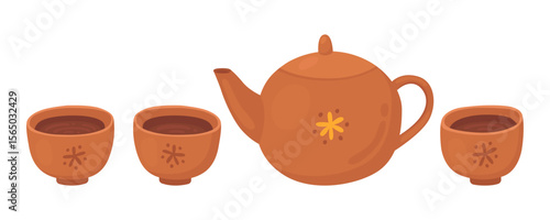 Small round ceramic teapot for traditional tea ceremony and three cups. Vector simple illustration isolated on white background.