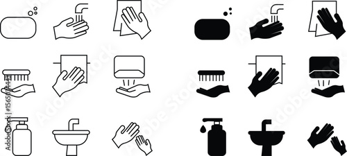 Wash your hands icon set, Personal treatment vector, symbol concept for graphic design, Cleaning Sponge, Dirty, Dryer, Faucet, Hand Dryer, Human Hand, Human Skin, Hygiene, Skin, Soap, Toilet, Water.