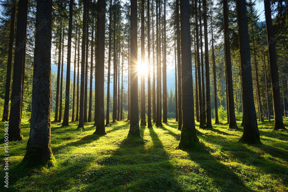 Fototapeta premium Sunlight filters through tall trees in a tranquil forest setting